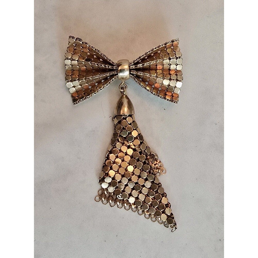 Vintage Metal Mesh Bow Brooch With Dangle Tassel Gold Tone Retro Jewelry #887
